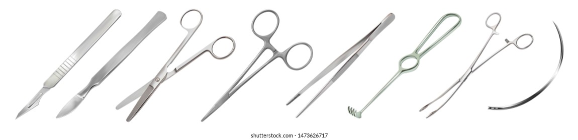 Set of surgical instruments. Scalpels, Liston's amputation knife, straight scissors, clamp mosquito with clasp, anatomical tweezers, Folkmann's serrated hook, Meyer’s forceps, surgical needle. Vector