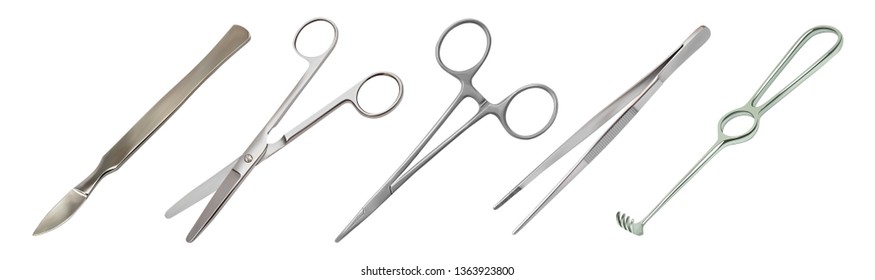 Set of surgical instruments. Tweezers, all-metal reusable scalpel, clip with fastener, straight scissors with rounded ends, jagged hook Folkmann. Vector illustration