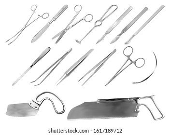 A set of surgical instruments. Tweezers, scalpels, Liston's amputation knife, clamp, scissors, Folkman hook, Meyer forceps, needle, Langenbek saw, Satterlee Bone Saw, Plaster saw Bergman. Vector