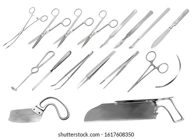 A set of surgical instruments. Tweezers, scalpels, Liston's amputation knife, clamp, scissors, Folkman hook, Meyer forceps, needle, Langenbek saw, Satterlee Bone Saw, Plaster saw Bergman. Vector