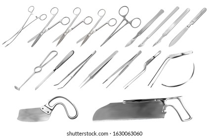 Set of surgical instruments. Tweezers, scalpels, Liston's amputation knife, clamp, scissors, Folkman hook, Meyer forceps, needle, Langenbek saw, Satterlee Bone Saw, Plaster saw Bergman. Vector