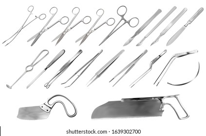 Set of surgical instruments. Tweezers, scalpels, Liston's amputation knife, clamp, scissors, Folkman hook, Meyer forceps, needle, Langenbek saw, Satterlee Bone Saw, Plaster saw Bergman. Vector