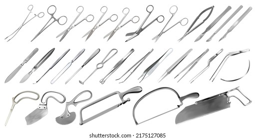 Conjunto de instrumentos quirúrgicos. Tweezers, bisturíes, sierras de yeso y hueso, amputación y cuchillos de yeso, pinzas y pinzas microquirúrgicas, gancho, aguja. Tijeras de diferentes formas y propósitos. Vector