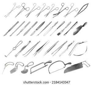 Conjunto de instrumentos quirúrgicos. Tweezers, bisturíes, sierras, cuchillos de amputación, fórceps y abrazaderas microquirúrgicas, espátulas abdominales, gancho, aguja. Tijeras de diferentes formas y propósitos. Vector 