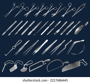 Set of surgical instruments. Tweezers, scalpels,  saws, amputation  knives, microsurgical forceps and clamps, abdominal spatulas, hook, needle. Scissors of different shapes and purposes. Vector 