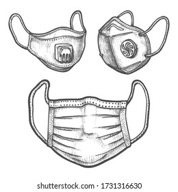 Set of surgical mask and face respirator sketch. Facial cotton gauze dressing, fabric protective filter. Covid or 2019 ncov respiratory disease protection. Medical or medicine equipment, virus hazard