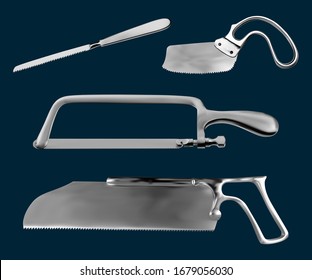 Set of surgical saws. Charriere Bone Saw, Plaster saw Bergman, Satterlee Bone Saw, Metacarpal saw Langenbeck. Manual surgical instrument. Vector illustration.