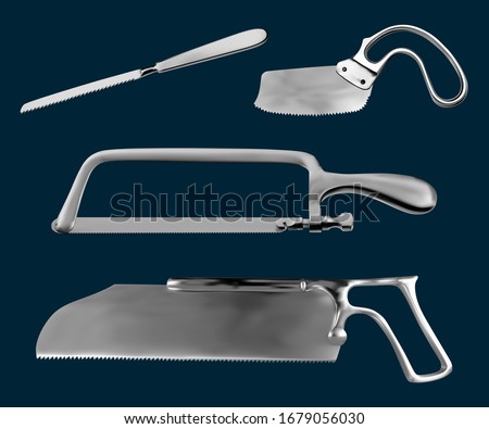 Set of surgical saws. Charriere Bone Saw, Plaster saw Bergman, Satterlee Bone Saw, Metacarpal saw Langenbeck. Manual surgical instrument. Vector illustration.