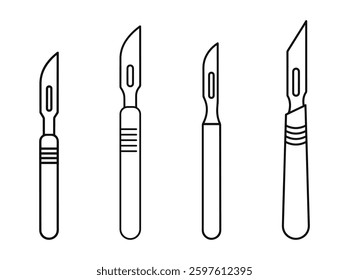 Set of surgical scalpels in outline style. Perfect for medical, healthcare, and crafting designs. High-quality vector illustration for icons, clipart, and graphic projects.