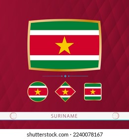 Set of Suriname flags with gold frame for use at sporting events on a burgundy abstract background. Vector collection of flags.