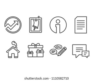 Set of Surprise boxes, Document and Audit icons. Keywords, Window cleaning and Comment signs. Holiday gifts, Information file, Arrow graph. Pencil with key, Housekeeping service, Talk bubbles. Vector