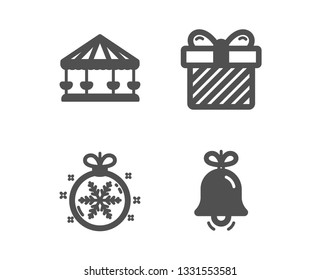 Set of Surprise, Christmas ball and Carousels icons. Bell sign. Present with bow, Snowflake, Attraction park. Alarm signal.  Classic design surprise icon. Flat design. Vector