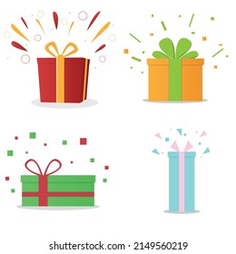 set of surprise gift boxes, birthday celebration, special give away package, loyalty program reward, wonder gift with exclamation mark, vector icon, flat illustration