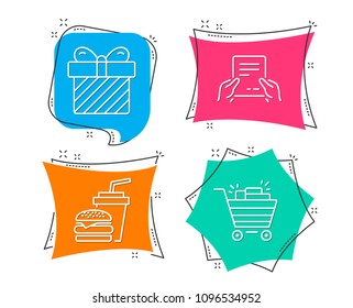 Set of Surprise, Hamburger and Receive file icons. Shopping cart sign. Present with bow, Burger with drink, Hold document. Gifts.  Flat geometric colored tags. Vivid banners. Trendy graphic design