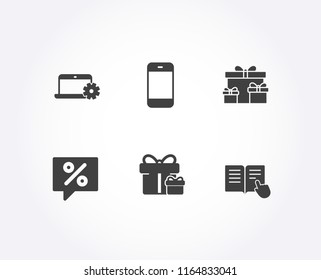 Set of Surprise package, Smartphone and Surprise boxes icons. Discount message, Notebook service and Read instruction signs. Present boxes, Cellphone or phone, Holiday gifts. Vector