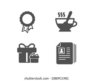 Set of Surprise package, Tea cup and Success icons. Cv documents sign. Present boxes, Coffee with spoon, Award reward. Portfolio files.  Quality design elements. Classic style. Vector