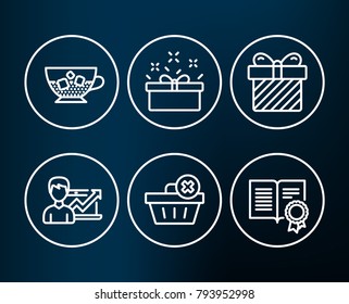 Set of Surprise, Present box and Success business icons. Cold coffee, Delete order and Diploma signs. Present with bow, Sale offer, Growth chart. Vector