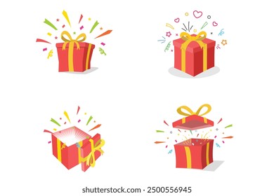 Set of surprise red gift boxes with yellow ribbon, for birthday celebration, xmas, give away package, loyalty program reward, wonder gift with exclamation mark, open and close box present, vector icon