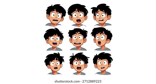 Conjunto de niño sorprendido que muestra varias emociones