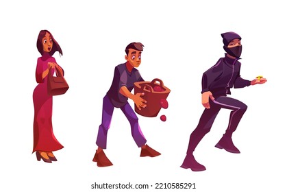 Conjunto de sorprendidos personajes masculinos, femeninos y ladrones aislados en fondo blanco. Dibujo vectorial de una mujer impactada con bolso, hombre asustado tirando frutas de la canasta, ladrón ninja en negro