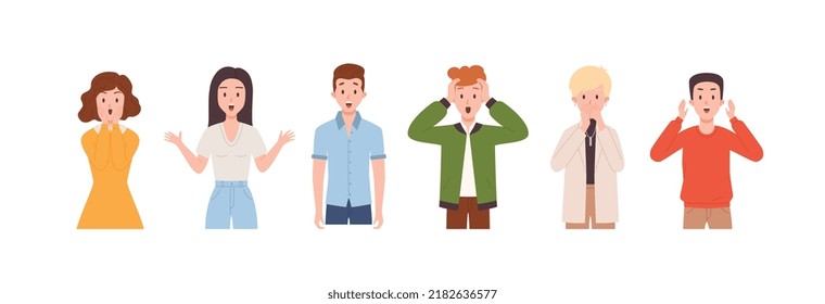 Set of surprised people flat style, vector illustration isolated on white background. Emotional men and women character with open mouth and exited reactions, amazed young people