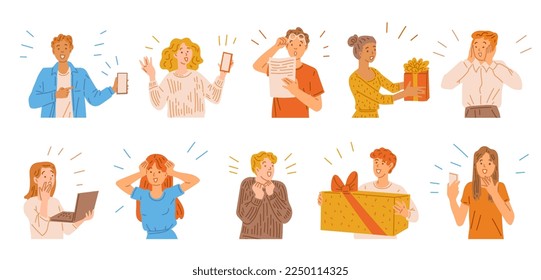 Set of surprised people with gift boxes, laptops and phones - flat vector illustration isolated on white background. Diverse men and women express emotions - shock, excitement, amaze and astonishment.