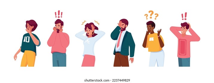 Set of Surprised or Shocked People, Amazed, Young Men and Women Express Excitement Emotions with Open Mouths. Male Female Characters Excited Reactions, Wow Effect. Cartoon Vector Illustration