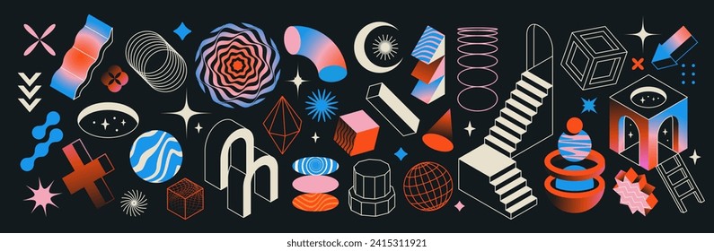 Set of surreal elements. Psychedelic geometric shapes, abstract columns, stairs and lines. Design for stickers in trendy groovy style. Neon vector illustrations collection isolated on black background