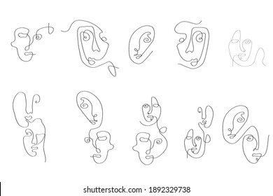 Establecer cara de una línea de arte. Resumen Diseño de arte minimalista para la impresión, cubierta, papel pintado, Mínimo y natural de la pared. Ilustración vectorial.	