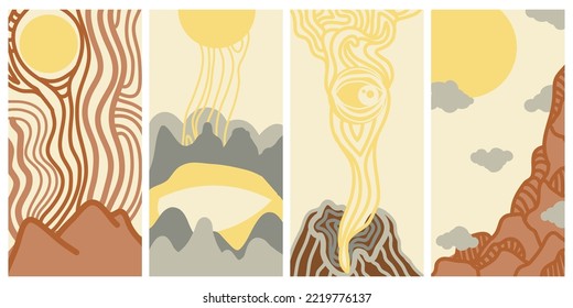 Set of surreal landscape vector background illustration with summer vibes.