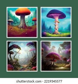 set of surreal mushroom landscape, fantasy wonderland landscape with mushrooms moon. vector illustration. Dreamy fantasy mushrooms magical forest. illustration book cover. Amazing nature landscape