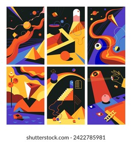 Set of surrealistic landscapes and realms. Extraordinary dimension of dreams and fantasy. Unique visual experiences with geometrical and celestial bodies to mystic and magic signs.Vector in flat style