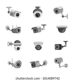 Conjunto de cámaras de seguridad de vigilancia de estilo plano. Cámaras CCTV, imagen vectorial del sistema de reconocimiento facial aislada en fondo blanco. Cámaras electrónicas de grabación diferentes.