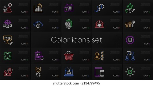 Set of Survey check, Court jury and Coal trolley line icons. Include Calendar, Puzzle, Justice scales icons. Fake information, Customer satisfaction, Opinion web elements. Support. Vector