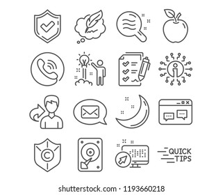 Set of Survey checklist, Messenger and Skin condition icons. Hdd, Education and Copyright chat signs. Browser window, Creative idea and Copyright protection symbols. Vector