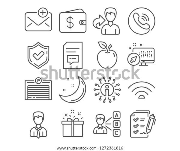 Set of Survey checklist, Wifi and Parking garage\
icons. Comments, Businessman and New mail signs. Opinion, Special\
offer and Dollar wallet symbols. Report, Wi-fi internet, Automatic\
door. Vector