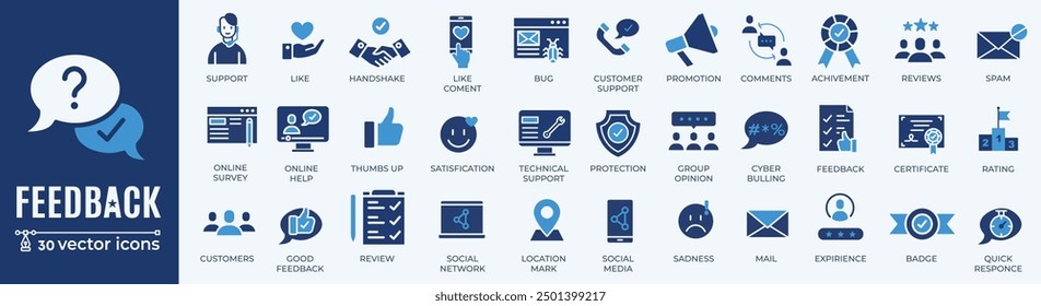 Set of Survey icon set. Containing feedback, opinion, questionnaire, poll, research and so on. Flat vector icon set related to survey.