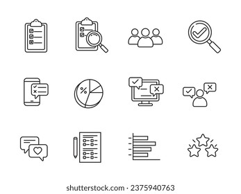 Set of survey icons in line style on white background. Business survey sign 