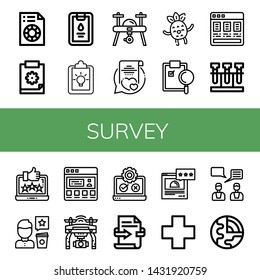 Set of survey icons such as Printing test, Clipboard, Drone, Vows, Happy, Price list, Test, Feedback, Review, Testimonial, Testing, Rating, Cross, Geology , survey