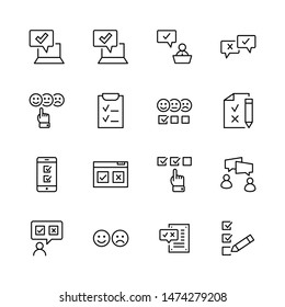 Conjunto de iconos de línea de vectores relacionados con la encuesta. Contiene iconos como Sonrisa, Triste, Revisar, Clic, Comprobar, Opinión del Cliente, Encuesta Web y más. Trazo editable. Perfecto para 32 x 32 píxeles