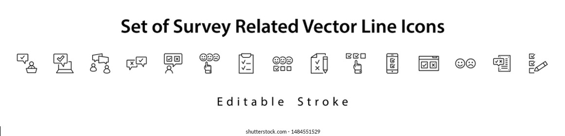 Set of Survey Related Vector Line Icons. Contains such Icons as Smile, Sad, Review, Click, Check, Customer Opinion, Web Survey and more. Editable Stroke. 32x32 Pixel Perfect