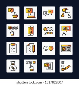 Set of Survey Related Vector Line Icons. Contains such Icons as Smile, Sad, Review, Click, Check, Customer Opinion, Web Survey and more. Editable Stroke. 32x32 Pixel Perfect