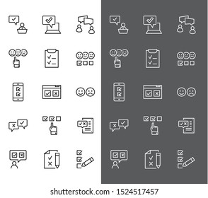 Set of Survey Related Vector Line Icons. Contains such Icons as Smile, Sad, Review, Click, Check, Customer Opinion, Web Survey and more. Editable Stroke. 32x32 Pixel Perfect