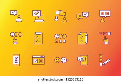 Set of Survey Related Vector Line Icons. Contains such Icons as Smile, Sad, Review, Click, Check, Customer Opinion, Web Survey and more. Editable Stroke. 32x32 Pixel Perfect