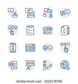 Set of Survey Related Vector Line Icons. Contains such Icons as Smile, Sad, Review, Click, Check, Customer Opinion, Web Survey and more. Editable Stroke. 32x32 Pixel Perfect