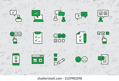 Set of Survey Related Vector Line Icons. Contains such Icons as Smile, Sad, Review, Click, Check, Customer Opinion, Web Survey and more. Editable Stroke. 32x32 Pixel Perfect