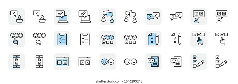 Set of Survey Related Vector Line Icons. Contains such Icons as Smile, Sad, Review, Click, Check, Customer Opinion, Web Survey and more. Editable Stroke. 32x32 Pixel Perfect