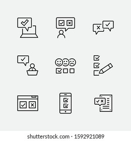 Set of Survey Related Vector Line Icons. Contains such Icons as Smile, Sad, Review, Click, Check, Customer Opinion, Web Survey and more. Editable Stroke. 32x32 Pixel Perfect
