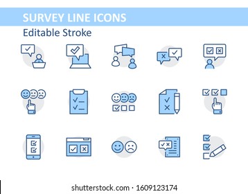 Set of Survey Related Vector Line Icons. Contains such Icons as Smile, Sad, Review, Click, Check, Customer Opinion, Web Survey and more. Editable Stroke. 32x32 Pixel Perfect