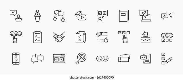 Set of Survey Related Vector Line Icons. Contains such Icons as Smile, Sad, Review, Click, Check, Customer Opinion, Web Survey and more. Editable Stroke. 32x32 Pixel Perfect